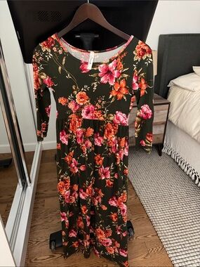 Maternity Floral Long Sleeve Dress - Pink & Orange Flower Print